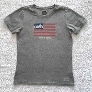 LIFE IS GOOD motorcycle American flag grey crusher tee patriotic biker comfort S
